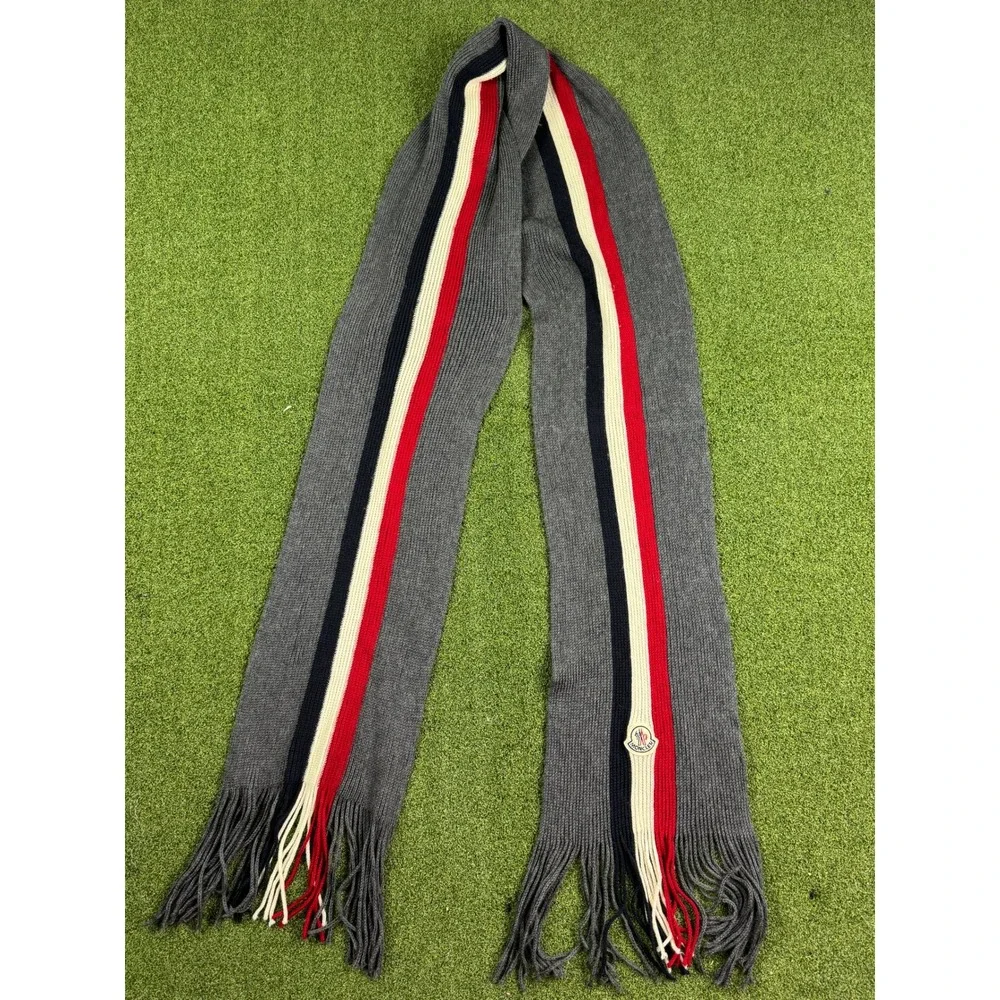 Moncler Wool Scarf Gray Red‎ Navy Stripe Logo Fringe Unisex - Picture 3 of 16